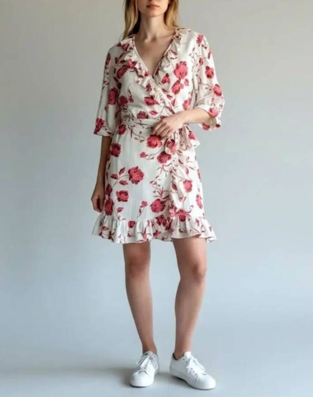 MISA Thora Mini Floral Wrap Dress in Red Peony S